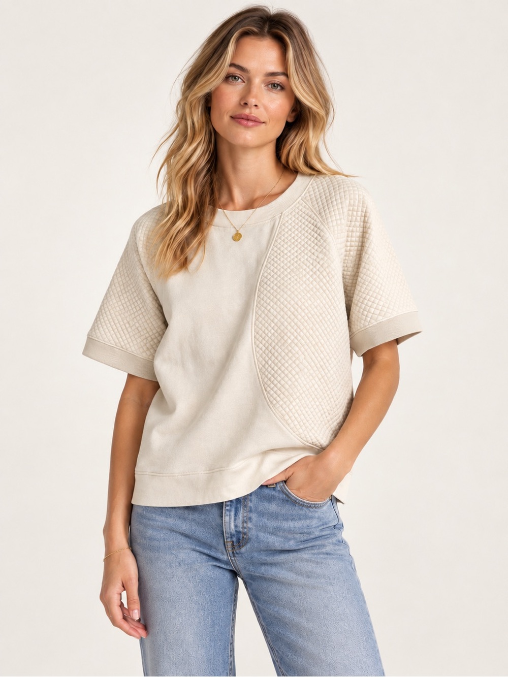 See by Chloé Ivory Quilted Short Sleeve Cotton Sweatshirt Top Size 40